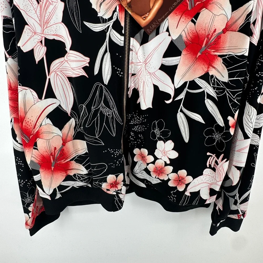 IMAN Global Chic Floral Bomber Jacket Black Red Tropical Lily Print‎ Size XL NWT